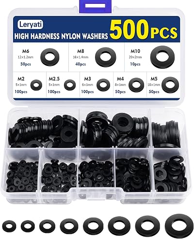 Leryati 500 Pcs Nylon Washers Set Black Round Spacers M2-M10 Assorted