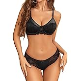 Avidlove Lingerie Sets for Women Sexy 2 Piece Bra and Panty Set Satin Lace Lingerie Set Unlined Underwire Bra