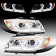 AUTOZENSATION Compatible with 2006-2011 BMW 3-Series E90 Sedan/E91 Wagon, Left + Right Pair Headlamps Assembly, Chrome Dual Projector Headlights with 3D LED Tube and Dynamic Startup Effect