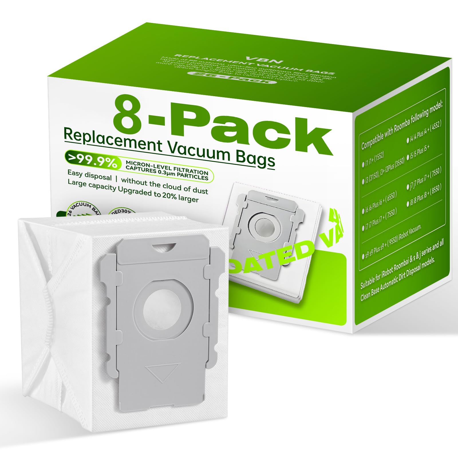 VBN 8 Pack Vacuum Bags for iRobot Roomba i & s & j Series Clean Base, Fit i3 i3+ i4 i4+ i5 i5+ i6 i6+ i7 i7+ i8 i8+ j7 j7+ s9 s9+, Automatic Dirt Disposal Bags