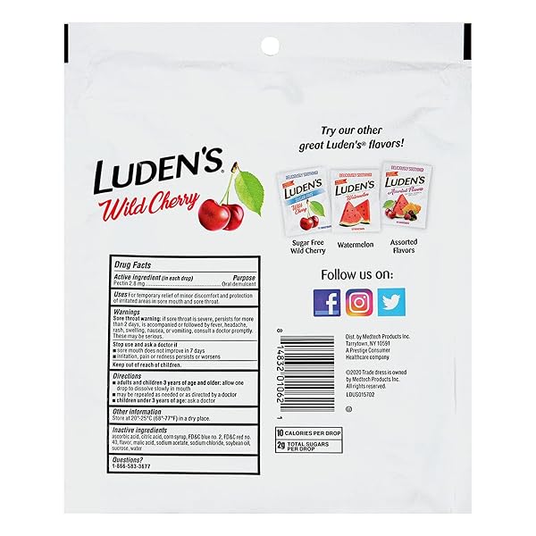 LUDEN’S SORE THROAT RELIEF LOZENGES FOR MINOR EVERYDAY IRRITATION & DRY MOUTH, WILD CHERRY FLAVORED DROPS, 90 COUNT, PACK OF 2