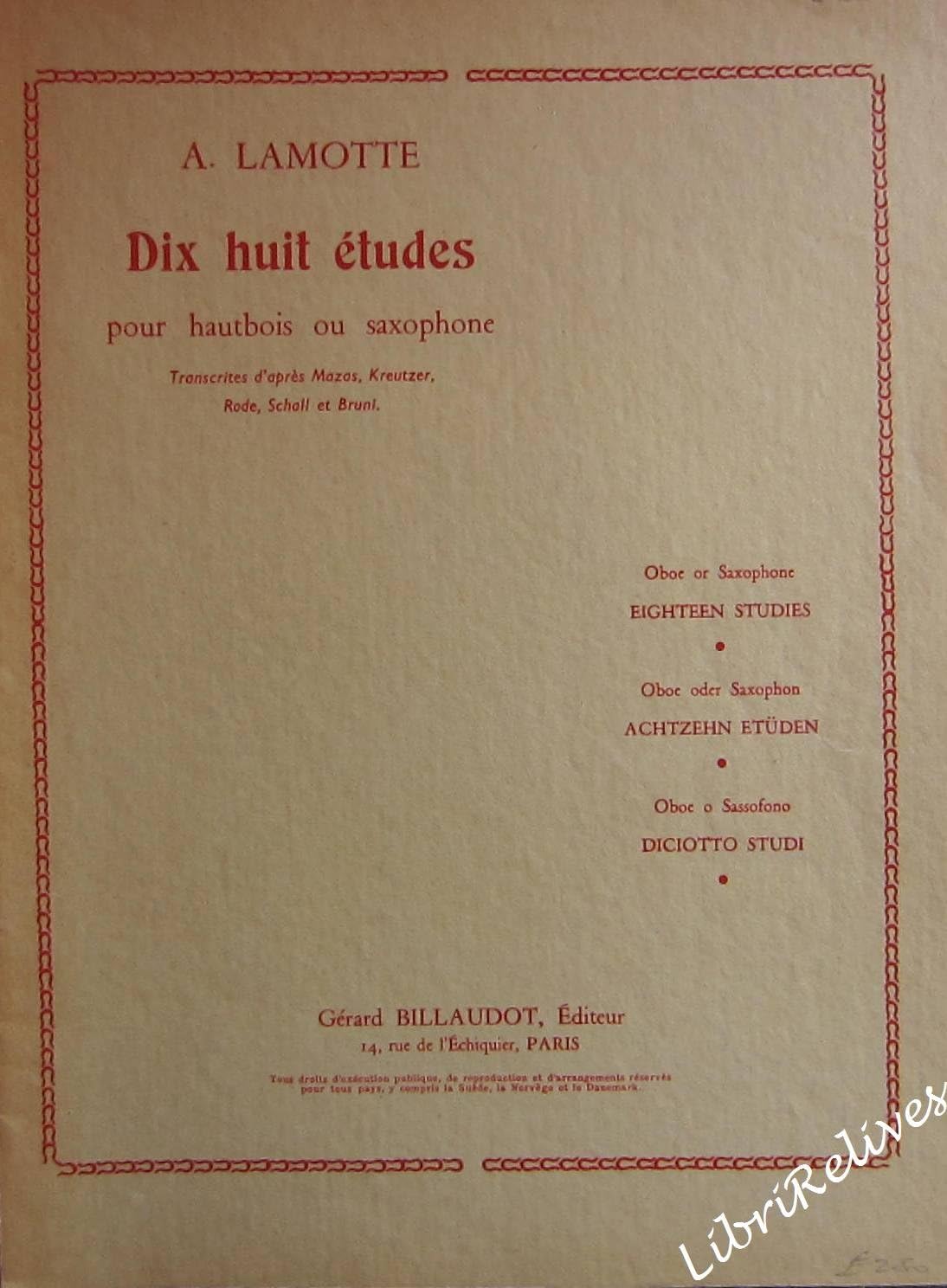 Lamotte: 18 Studies for Oboe or Saxophone (Etudes d'apres Mazas, Kreutzer, Rode, Schall et Bruni)