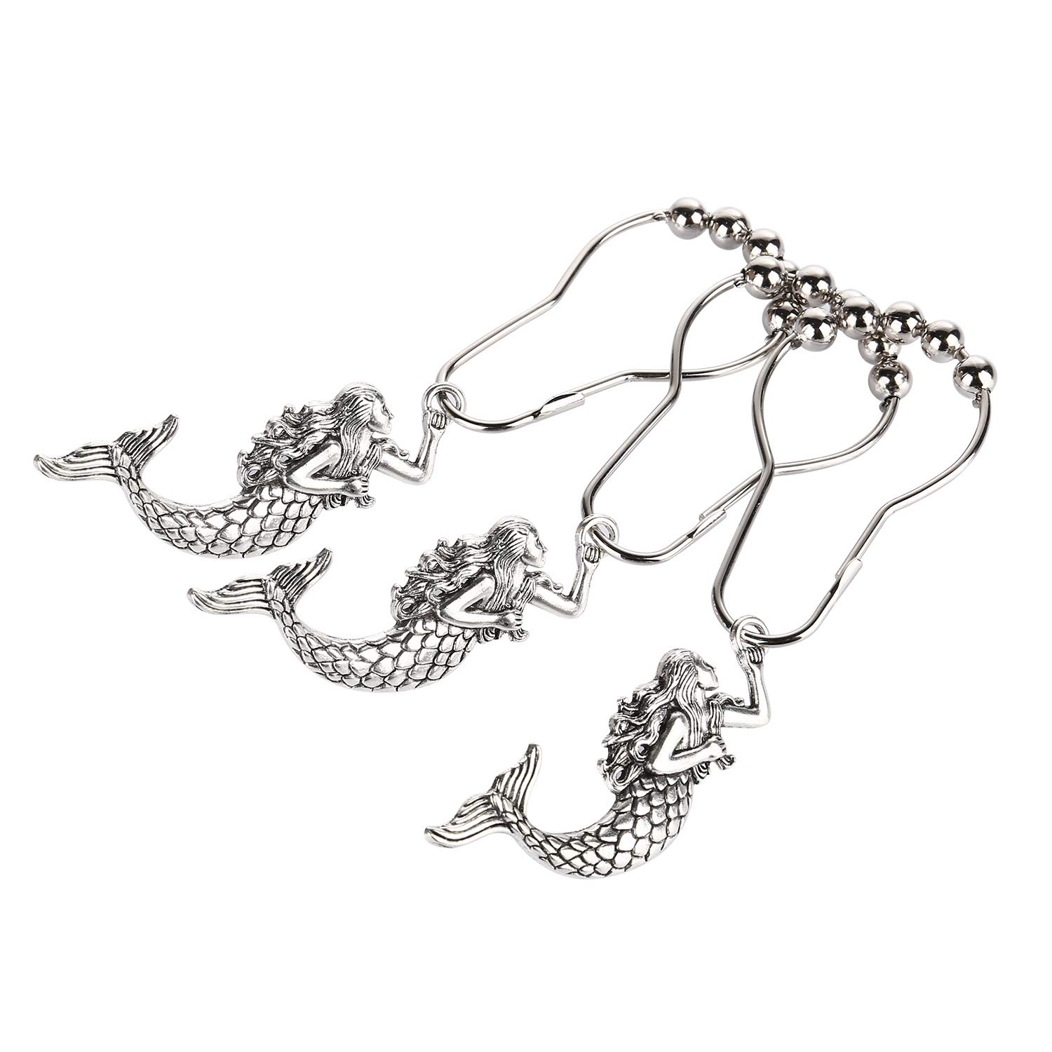 Mermaid Metal Shower Curtain Hooks Rings Rustproof Roller Glide