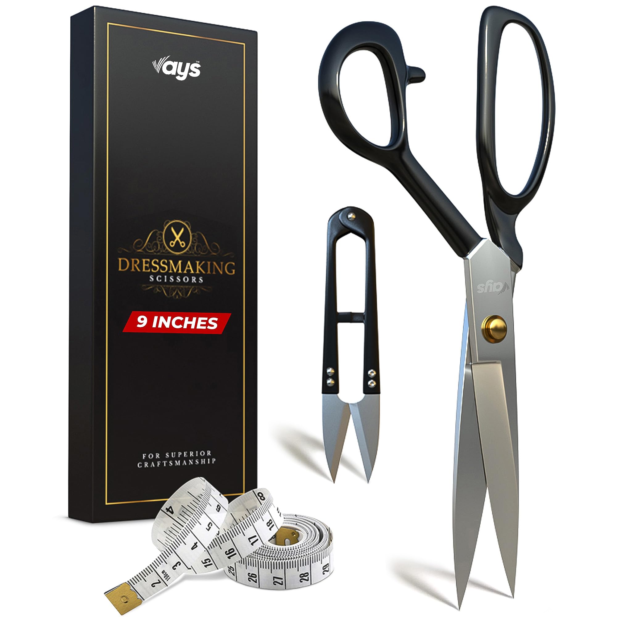 VAYS Fabric Scissors 9 Inch Premium Dressmaking Scissors for Sewing Tailoring & Crafting - with Sharp Thread Nipper & Measuring Tape - Ideal for Felt Leather Thin Metal