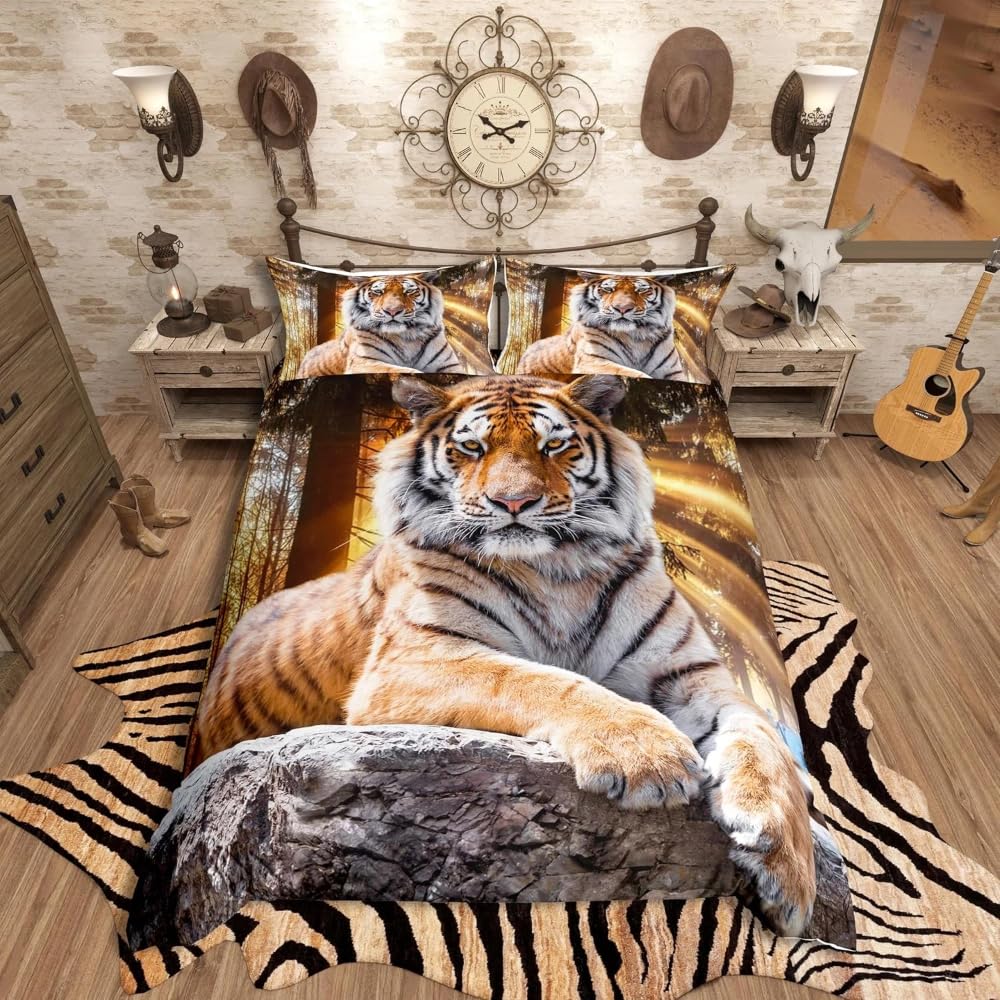 Loussiesd Tiger Bedding Set - Safari Tiger Duvet & Quilt Cover for Kids Boys - Double Size