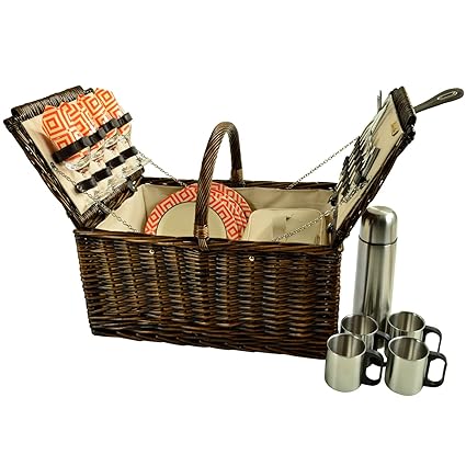 Picnic at Ascot 714C-DO Buckingham Willow Picnic Basket, Brown Wicker/Diamond Orange