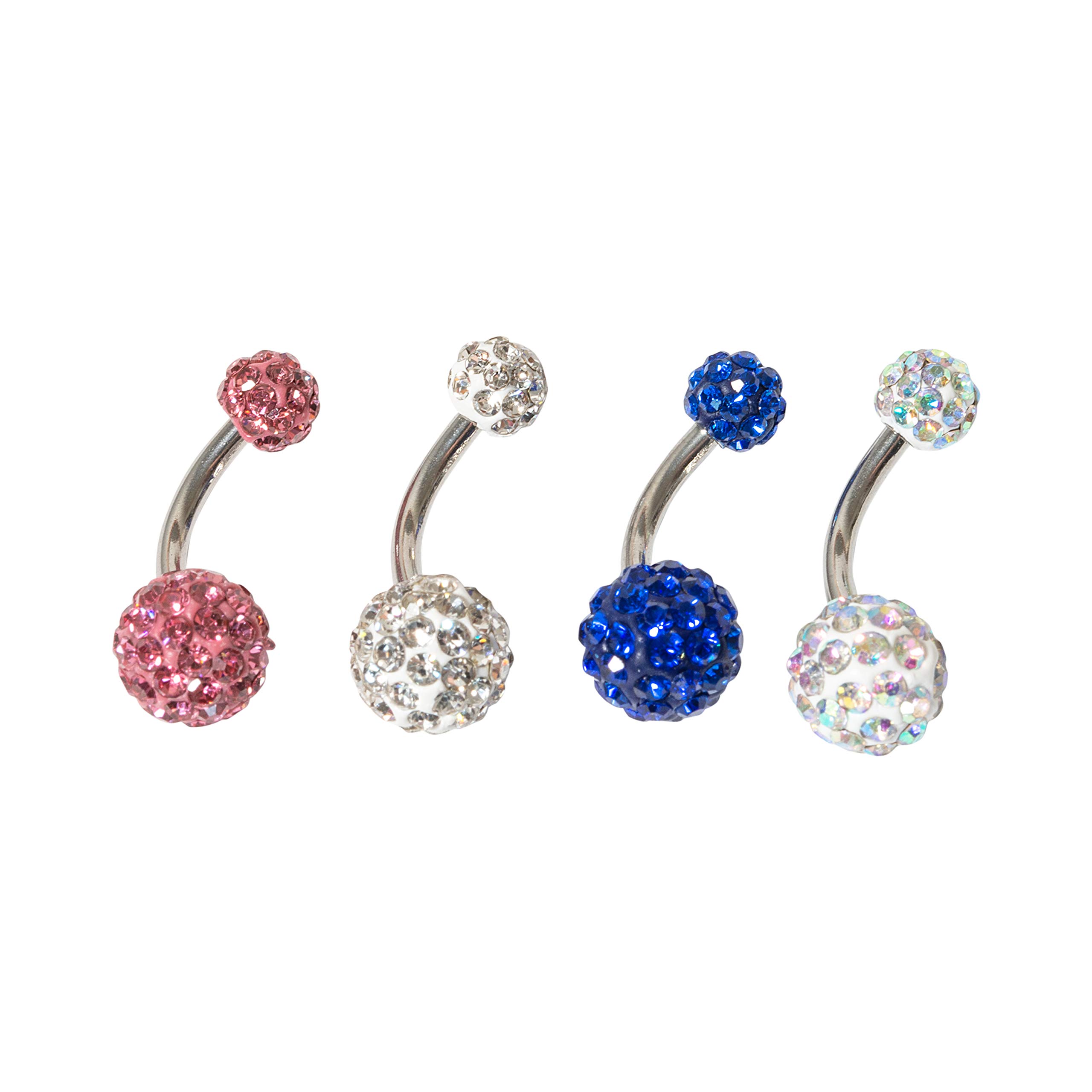 Double Shamballa/Ferido 316L 10mm Surgical Steel Belly/Naval Bar | Crystal Jewel Bars (Set of 4 Clear, Pink, Blue, AB Rainbow Double Shamballa)