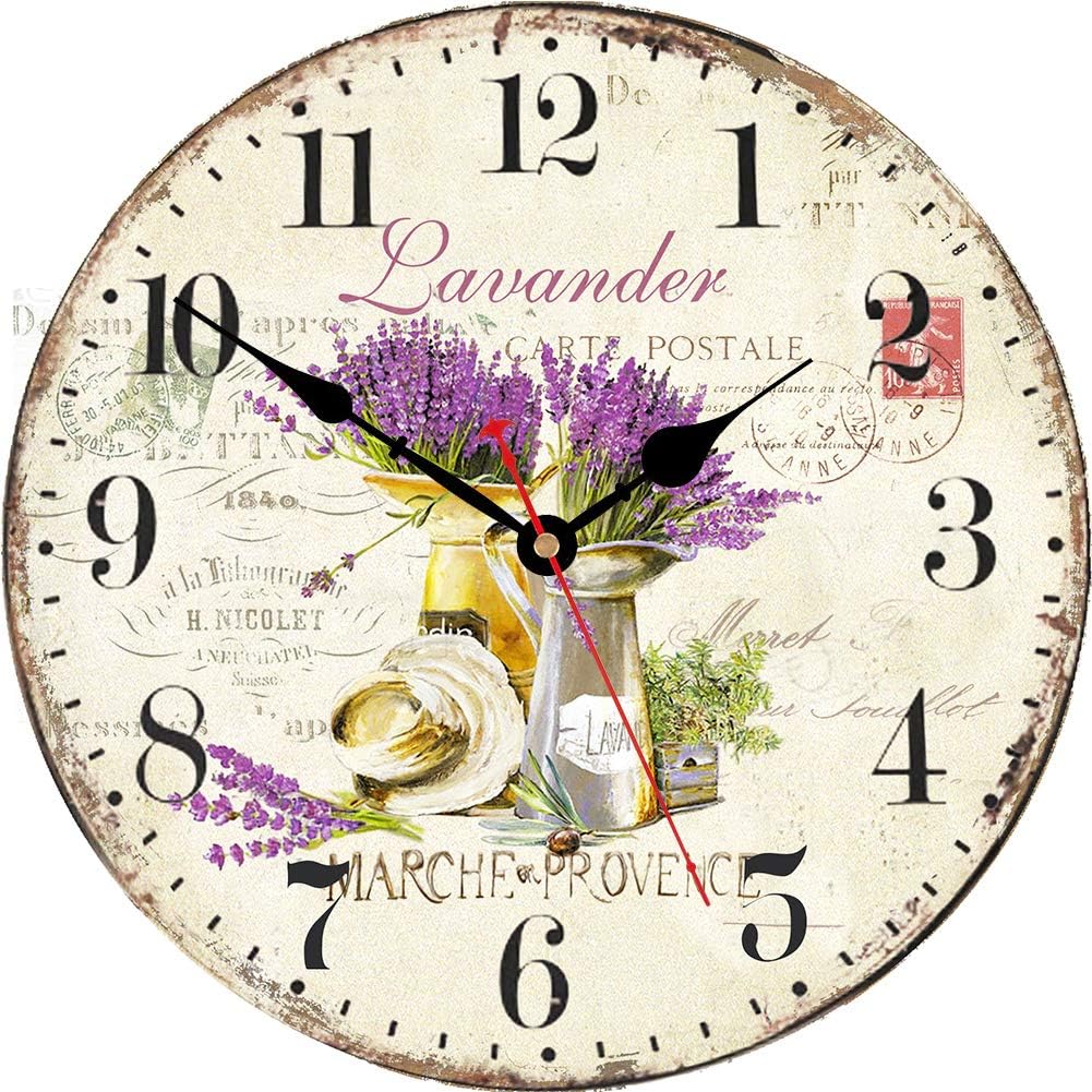 VIKMARI Purple Lavender Wall Clock 14 Inch Round Wooden Silent Non-Ticking Arabic Numerals Decorative Wall Clocks Battery Operated Indoor Clocks for Kitchen Bedroom Living Room
