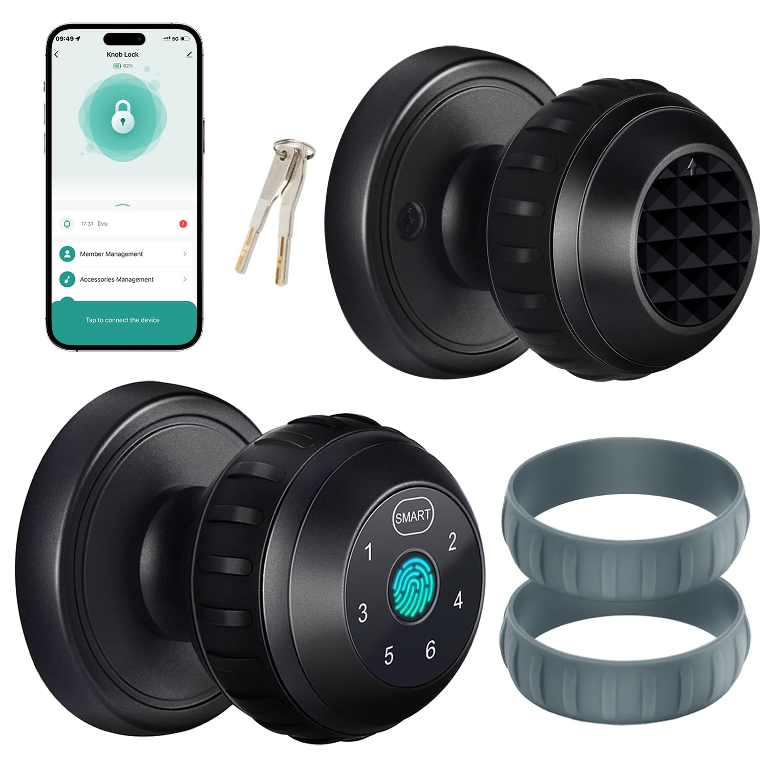Photo 1 of Smart Fingerprint Door Knob, Keyless Entry Door Lock with Keypad & Replaceable Silicone Ring, Thumbprint Door Knob with APP Control for Bedroom, Office, Airbnb, Rental House