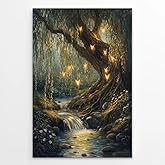 Willow Tree Fairies Poster Enchanted Forest Wall Art Dark Academia Decor Vintage Nature Rustic Aesthetic Enchanted Illustration Canvas Print for Bedroom Reading Nook 12x18inch Unframed