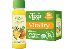 Elixir Shots, Vitality Cold-Pressed Shot for Healthy Digestion and Overall Daily Balance with 100% Organic Ingredients, Red Hawaiian Turmeric, Peruvian Ginger, Pineapple, and Lemon, No Sugar or Artificial Additives, 12 Pack