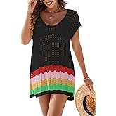 VIAURBE Women's Swimsuit Crochet Cover Up V Neck Hollow Out Bathing Suit Coverup Color Block Side Split Mini Dress