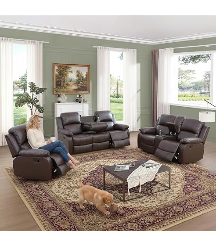 LS 3-Piece Black Faux Leather Recliner Set - Sofa, Loveseat & Chair For Living Room