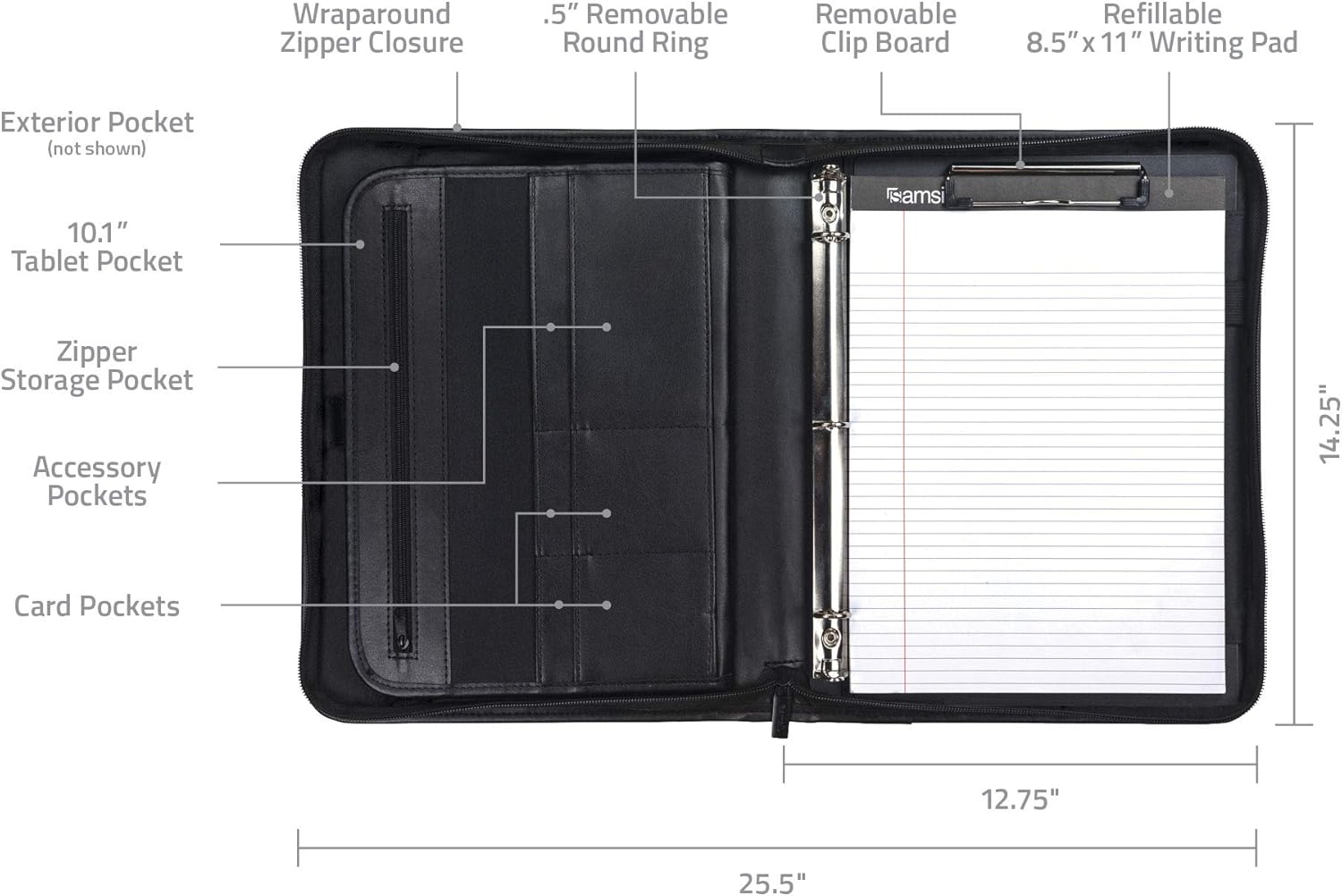 Samsill 70829 Professional Padfolio Bundle, Includes Removable Clipboard.5” Round Ring Binder with Secure Zippered Closure, 10.1 Inch Tablet Sleeve, Black: Office Products