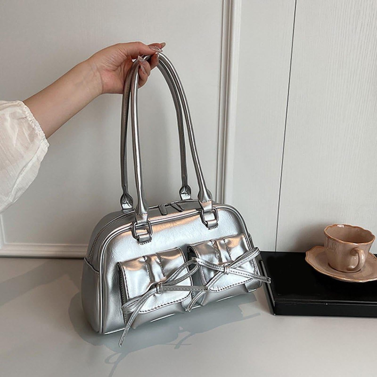 Y2K Women's PU Leather Handbag, Bowknot, Cute, Shoulder Bag, Handbag, Lightweight, Stylish, Silver