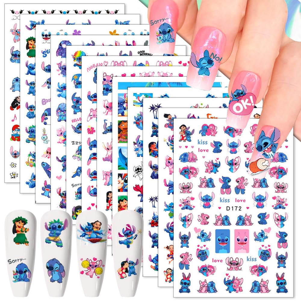 Photo 1 of 12 Sheets Blue Monster Nail Stickers Decals 3D Cartoon Pink Blue Animal Self Adhesive Nail Design Stickers Supply Cute Blue Animal Flowers Heart Nail Decals for Women Girls and Kids DIY Manicure