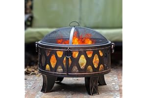 MistMo 26" Fire Pit with Cooking Grill, Outdoor Wood Burning Firepit with Spark Screen, Metal Round Design for Patio, Bonfire Party, Camping