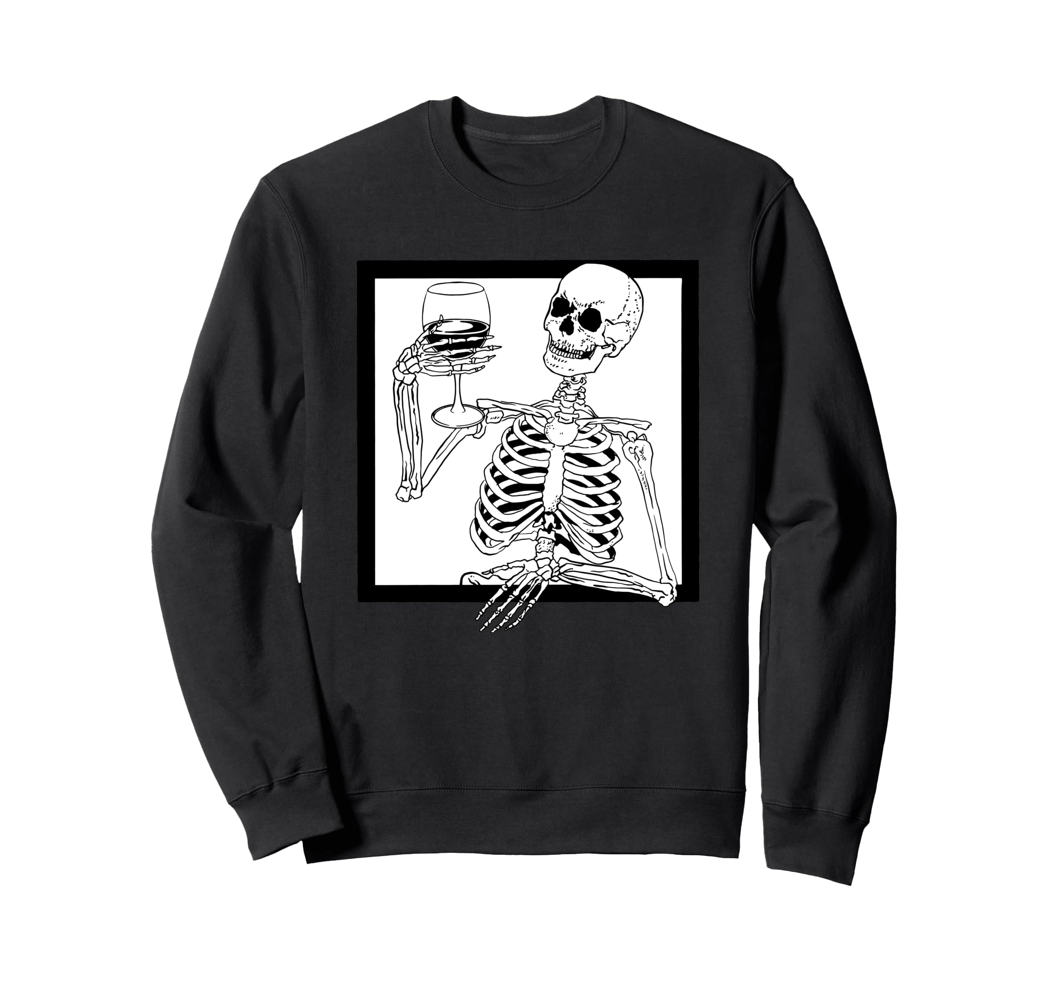 black white halloween skeleton drinking wine skull funny Sweatshirt