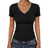 VICHYIE Womens Tops Short Sleeve Basic Casual V Neck Slim Fitted T-Shirts Ribbed Knit Shirt Trendy Fashion Tee