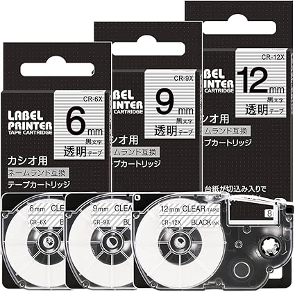 Amazon 互換 透明 カシオ ネームランド テープ Xr 6x Xr 9x Xr 12x 3個セット Casio テプラテープ Nameland テープカートリッジ 6mm 9mm 12mm 黒文字 ラベルライターテープ Kl Tf7 Kl T70 長さ8m テープ 文房具 オフィス用品