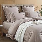 Bedorm Taupe Queen Comforter Shabby Chic Ruffled Bedding Set Taupe Ruffle Fringe Farmhouse Bedding Super Soft Fluffy Boho Comforter Set French Country Style