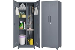 IRONFFICE Broom Closet Storage Cabinet,Cleaning Supply Storage Cabinet,Cleaning Closet Cabinet with Adjustable Shelves for Laundry Room Basement