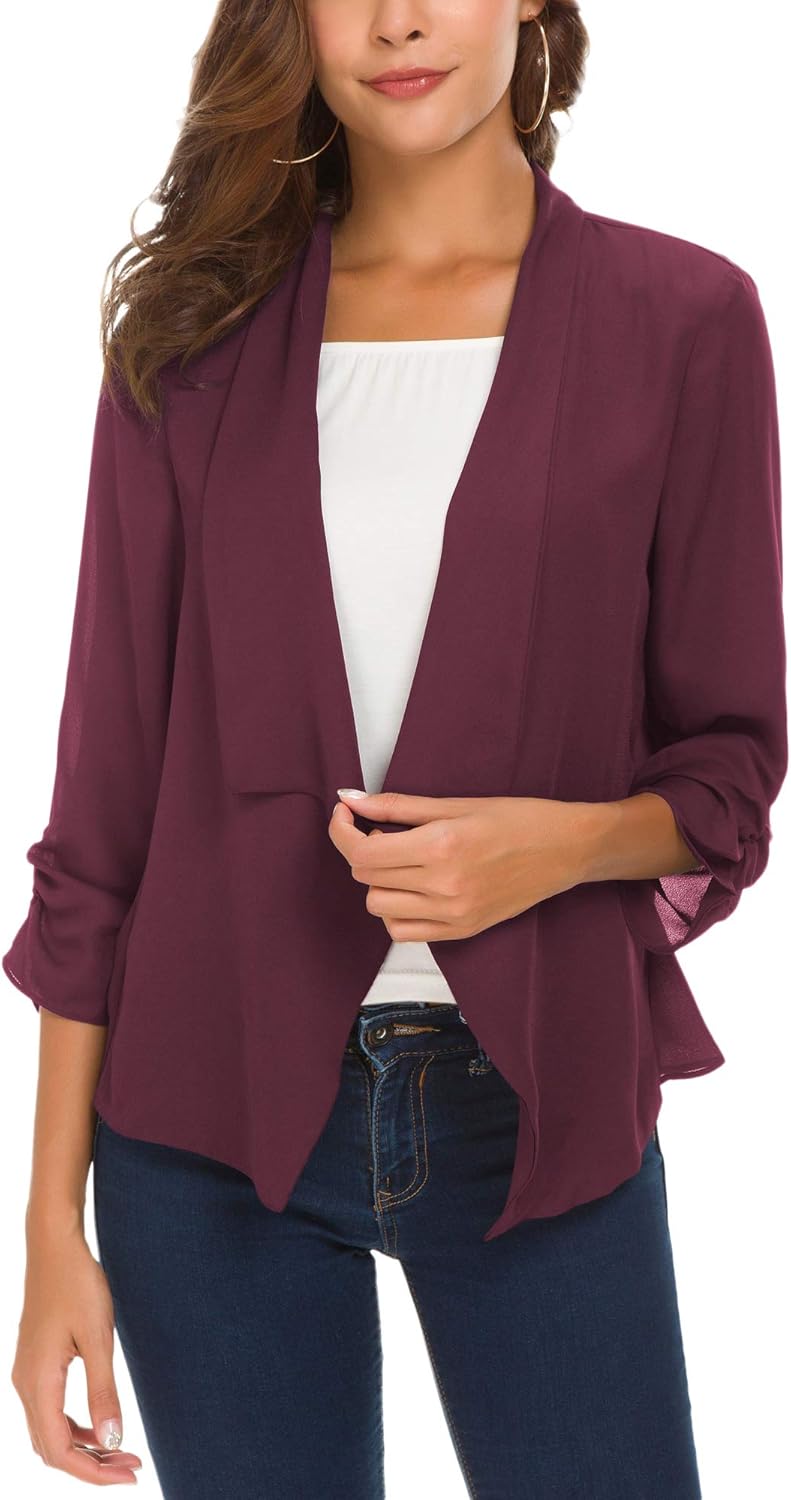 Women's Ruched Sleeve Lightweight Thin Chiffon Blazer