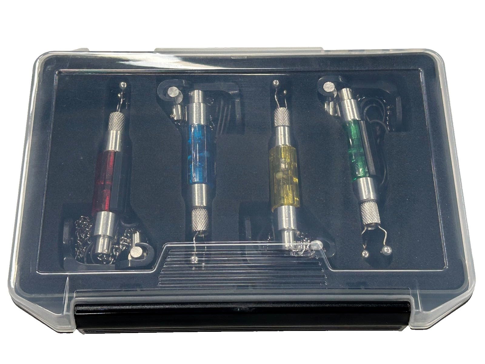 TMC 4 illuminated Bite Indicators in case. Coloured Glass Red, Yellow, Green & Blue. Carp & Coarse Fishing Tackle