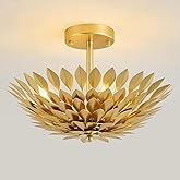 Gold Leaf Ceiling Light Fixture: Farmhouse Metal Art Deco Semi Flush Mount Chandelier - Mid Century Modern Vintage Brass Flow
