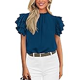 KIRUNDO Blouses for Women Dressy Casual 2026 Spring Summer Ruffle Short Sleeve Mock Neck Work Shirts Tops Fashion Clothing