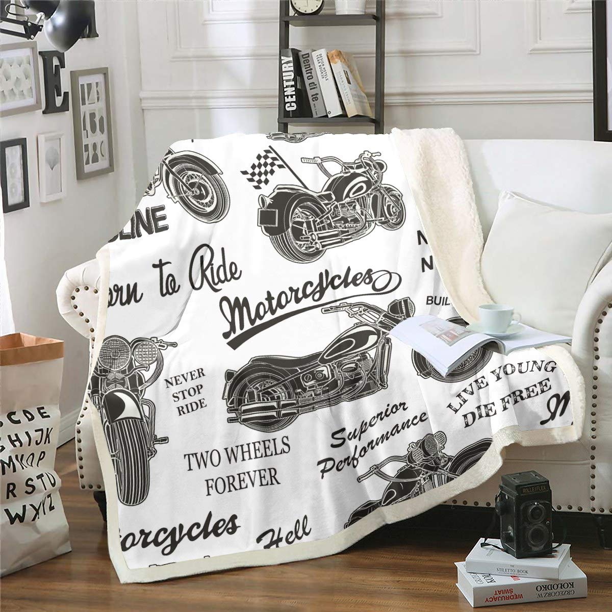 Loussiesd Vintage Motorcycle Sherpa Blanket - Boys Motocross Extreme Sports Fleece Throw - Racing Dirt Bike Plush With 3D Motorbike Print - Fuzzy for Sofa, Bed, Couch - Double 60x79 Inch
