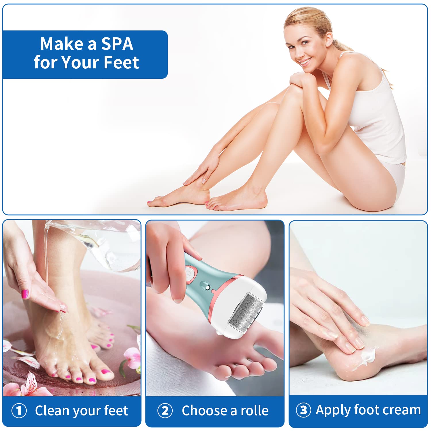 Electric Foot Callus Remover, Rechargeable Portable Electronic Foot File Pedicure Kits, Waterproof Foot Scrubber File, Professional Pedicure Tools, Foot Care for Dead Skin Ideal Gift, 3 Rollers - Image 6