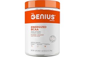 THE GENIUS BRAND Genius BCAA Powder - 5g Vegan BCAAs L-Glutamine, Cognizin & Rhodiola Muscle Recovery Energy Support 100mg Caffeine Pre, Intra, Post-Workout Nootropic Supplement for Focus & Performance - Orange
