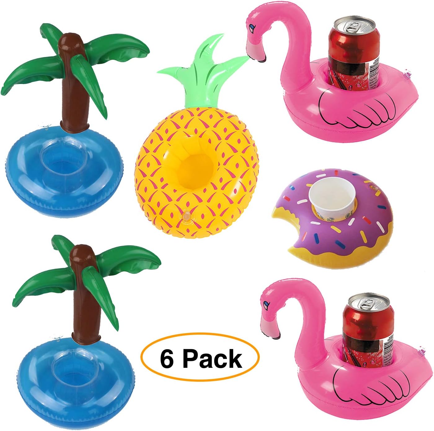 6 pack Inflatable Pool Drink Holders, 4 different designs Flamingo, Doughnut, Palm Tree and Pineapple, Great for pool lake hot tub and ocean