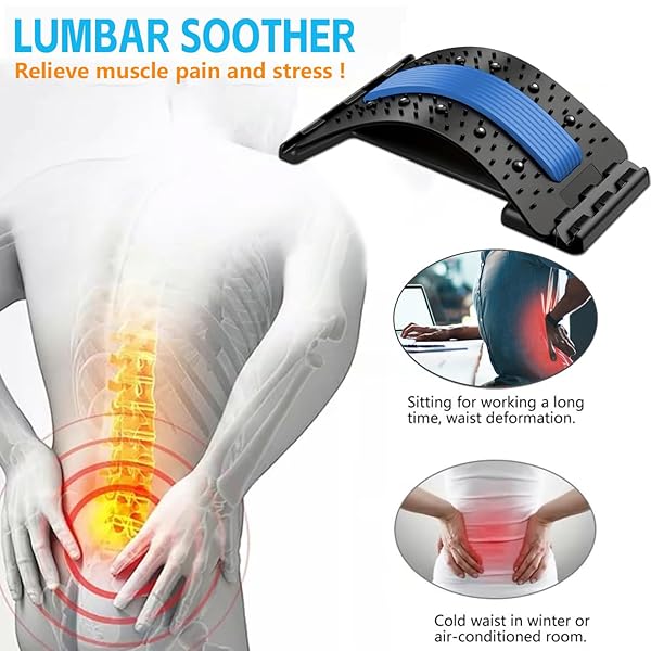LUMBAR SUPPORT BOARD & BACK STRETCHER – 4-LEVEL ADJUSTABLE CRACKER FOR LOWER BACK PAIN RELIEF, HOME OFFICE USE (BLUE)