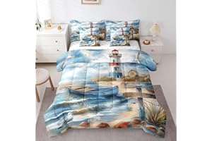 Feelyou Lighthouse Comforter Set King 7 Pieces Coastal Beach Boat Bedding Set Nautical Seaside Bed in a Bag Ocean Wave Bedroo