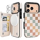 uCOLOR for iPhone 17 Pro Wallet Case Magsafe with Card Holder Slot【Compatible with MagSafe】 Folio Flip PU Leather Double Magnetic RFID Design with Camera Lens Protector 6.3" (Pastel Check Vibes)