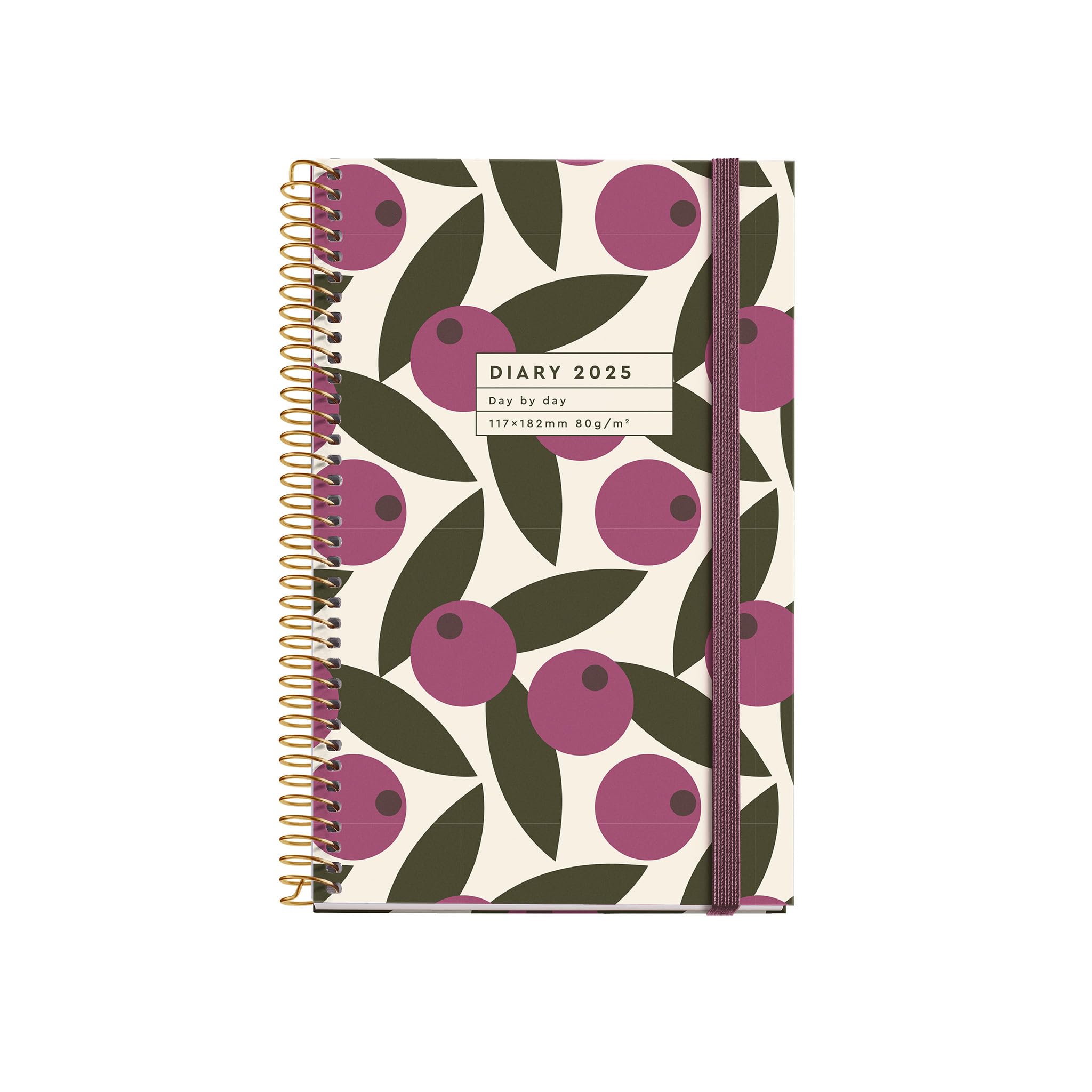 Miquelrius - 2025 Diary, 117 x 182 mm, Day Page Agenda, Laminated Cardboard Cover, Spiral, Elastic Closure, Paper 80 g/m², Catalan, English and Portuguese, Olive