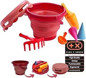 Schildkröt 7in1 Sand Toys Set, innovatives Sand-Spielset im Handtaschenformat, kompakt und platzsparend, Faltbarer 3 Liter Eimer mit 6 Sandspielzeugen zum Graben, Formen, Sieben und Rechen, 970245