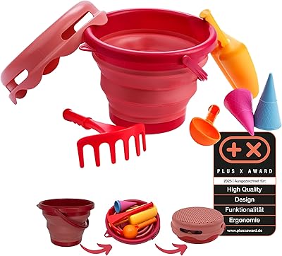 Schildkröt 7in1 Sand Toys Set, innovatives Sand-Spielset im Handtaschenformat, kompakt und platzsparend, Faltbarer 3 Liter Eimer mit 6 Sandspielzeugen zum Graben, Formen, Sieben und Rechen, 970245