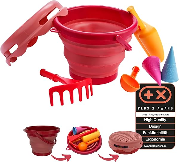 Schildkröt 7in1 Sand Toys Set, innovatives Sand-Spielset im Handtaschenformat, kompakt und platzsparend, Faltbarer 3 Liter Eimer mit 6 Sandspielzeugen zum Graben, Formen, Sieben und Rechen, 970245