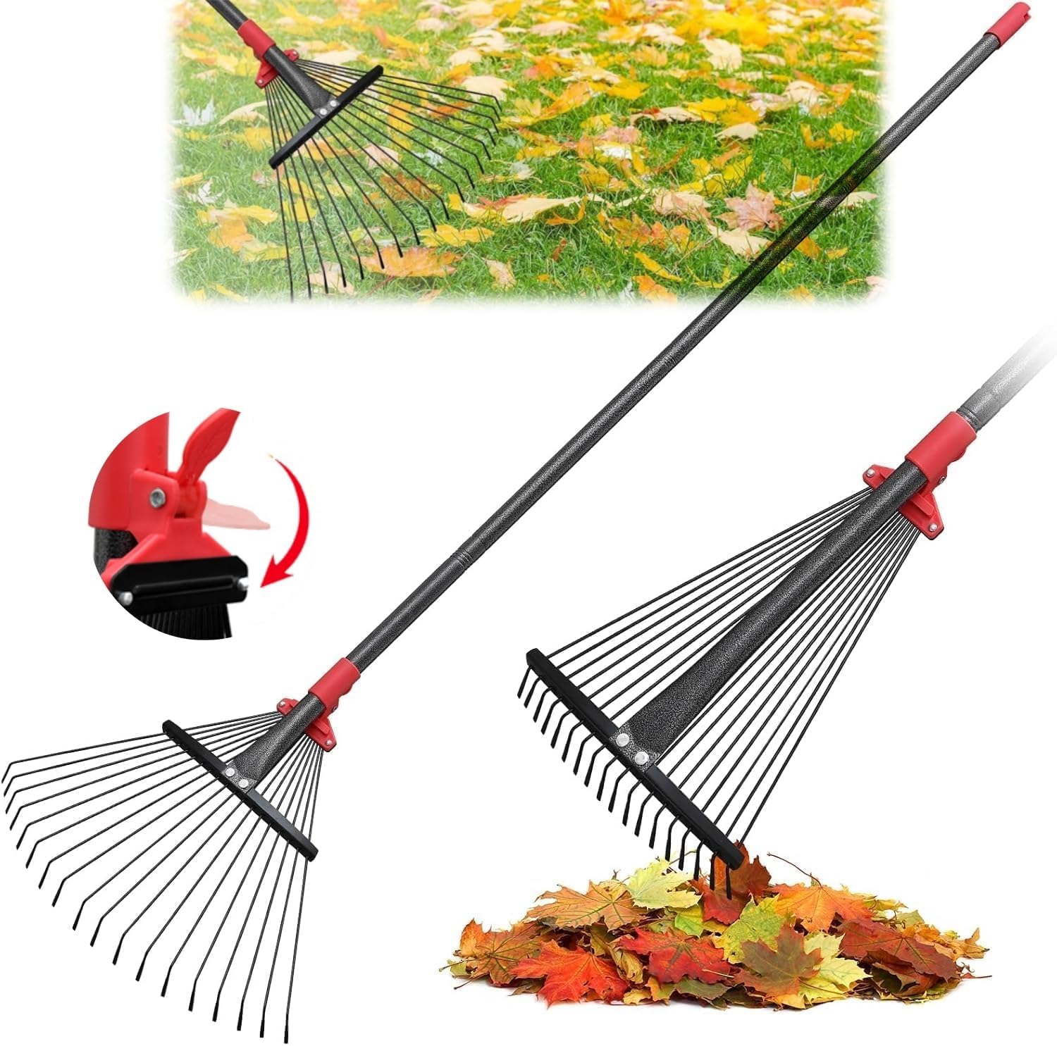 Photo 1 of TAILERNRUYE 76 Inch Rake for Leaves, Adjustable 18 Metal Tines with Expandable Head Garden Rakes for Lawns Heavy Duty Metal Rake for Leaves Yard Gardening Grass Outdoor Debris