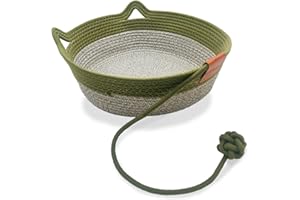 Panbo Hand Woven Cat Bed with Toy Tail, Kitten Shaped House Natural Cotton Linen Cat Scratch pad, Breathable and Odorless Indoor Puppy Bed Mat - Green S