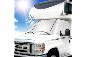 Hicover RV Windshield Window Snow Cover for Class C Ford E450 1997-2025 Motorhome, Windshield Cover for Ice and Snow RV Front Window Sunshade Cover RV Accessories 4 Layers with Mirror Cutouts Zipper