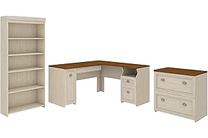 BUSH BUSINESS FURNITURE Bush Furniture L Shaped Desk with Drawers, Storage Cabinet, 5 Shelf Bookcase and Lateral File Cabinet | Fairview Collection Home Office Furniture Sets | 60Wx60Dx69H