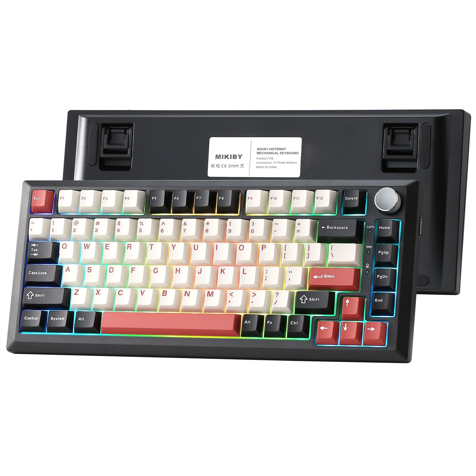 MIKIBY Y75 Wireless Mechanical Keyboard,75% Hot Swappable Custom Keyboard with Knob,RGB Backlit, PBT Keycaps,2.4GHz/USB-C/BT5.0 Mechanical Gaming Keyboards(Black&Red,Milk Switch)