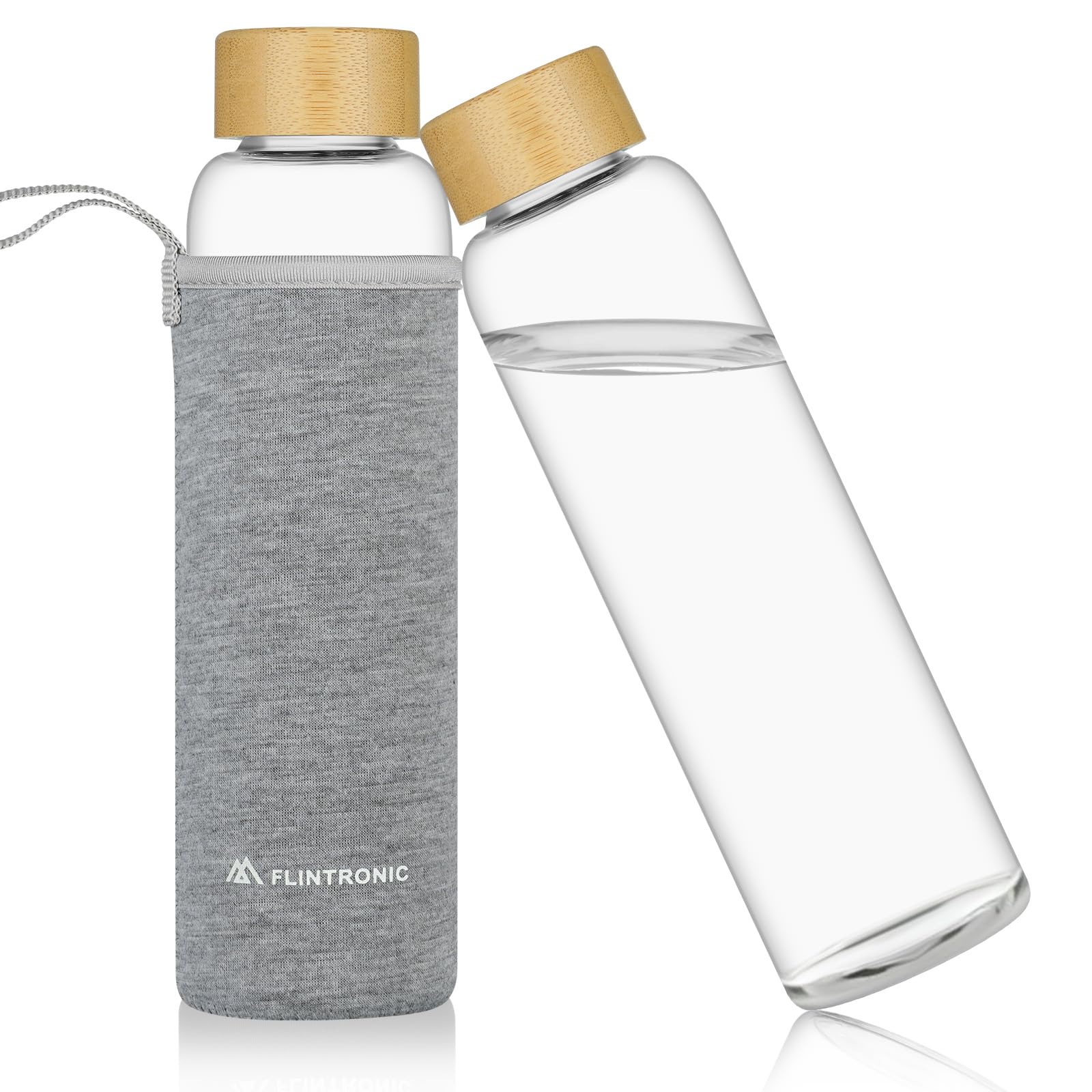 flintronic Glass Water Bottle, 550ml Borosilicate Water Bottle for Hot Cold Drinks, Leak Proof Glass Bottle with Protective Sleeves, Bamboo Lid Drink Bottle for Home Travel Sport (BPA-Free)