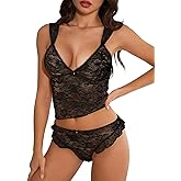 Kolagri Womens Sexy Lace Pajamas Lingerie Set Floral Sheer Sleepwear See Through Cami Panty 2 Piece Nightwear