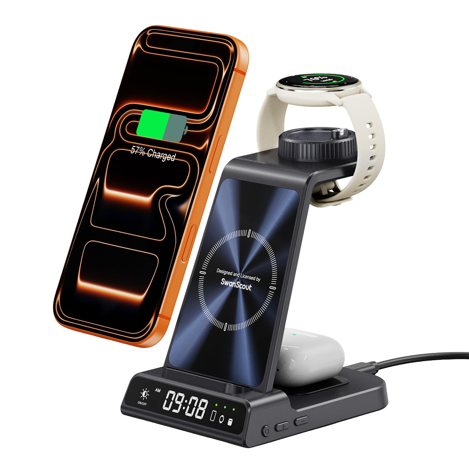 Charger for Garmin Watch, 3 in 1 Wireless Charging Station for Vivoactive/Venu/Forerunner/Instinct/Fenix/Epix, Charger Stand for Samsung S25/S24, for iPhone, for AirPods, for Galaxy Buds3 (No Adapter)