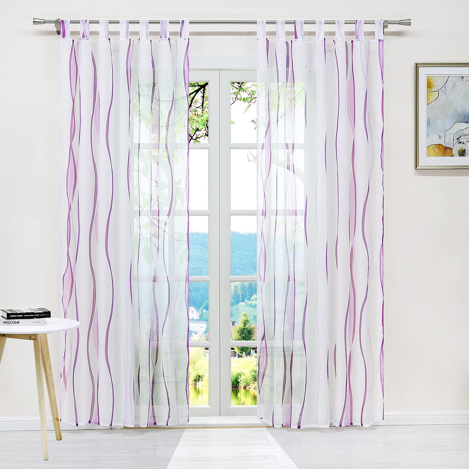 ESLIR Curtains with Tabs Transparent Tab-Top Curtain Waves Pattern Voile Purple W x H 140 x 175 cm Pack of 1